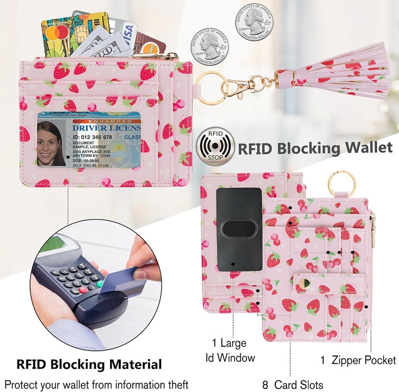 KNGITRYI Small Wristlet Wallets for Women RFID Credit Card Holder Wallet Keychain Wristlet Wallet Credit Card Wallets for Women (Strawberry) - Image 3